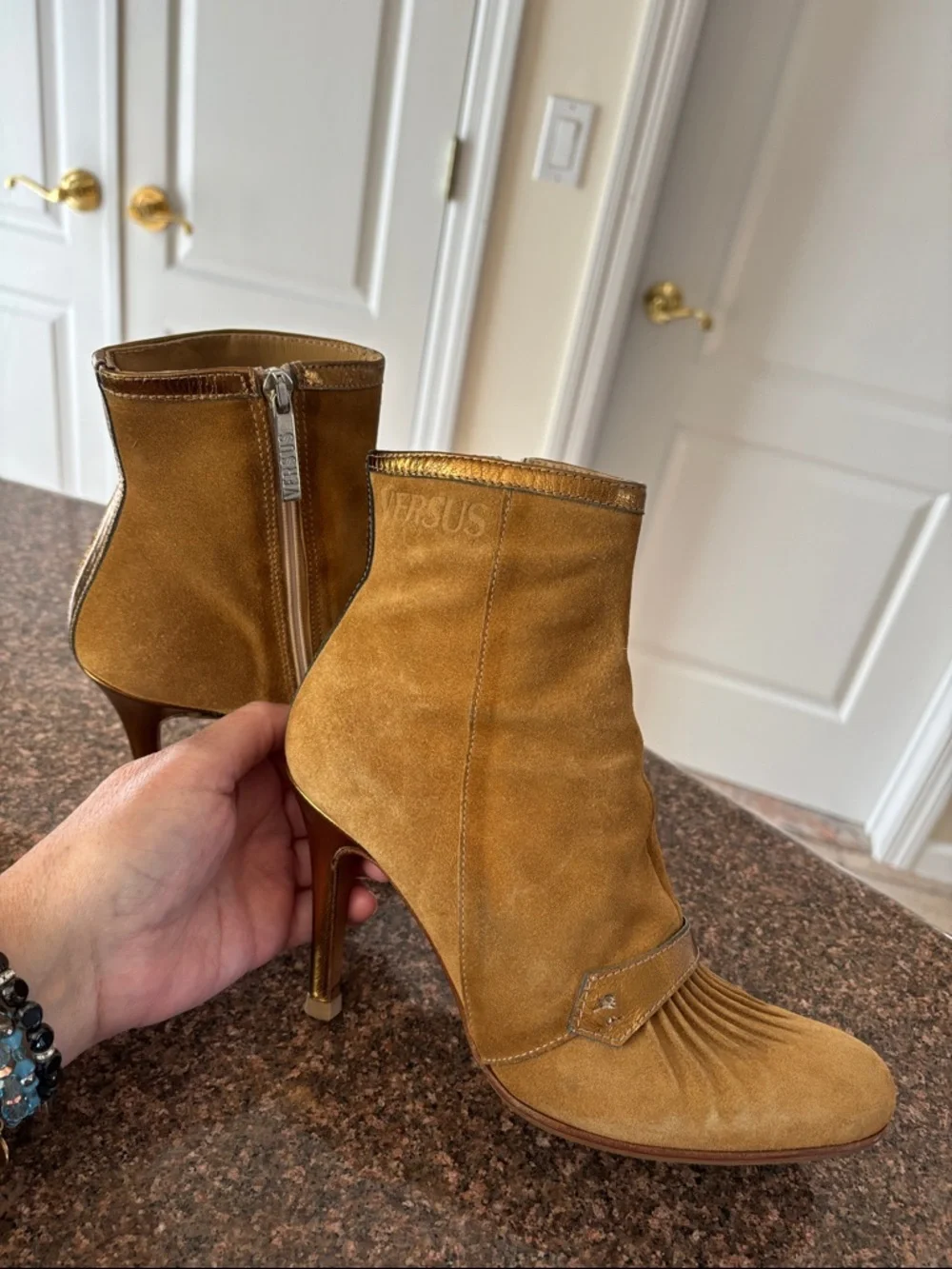 Versace Versus Ladies Camel Suede Bronze booties-7-VINTAGE 90’s